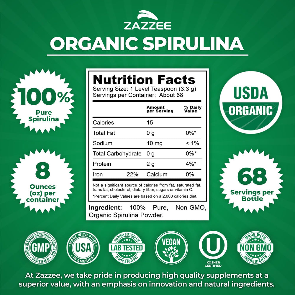 Close-up of spirulina powder container