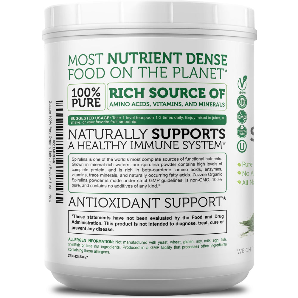 Wide mouth container opened with spirulina powder visible