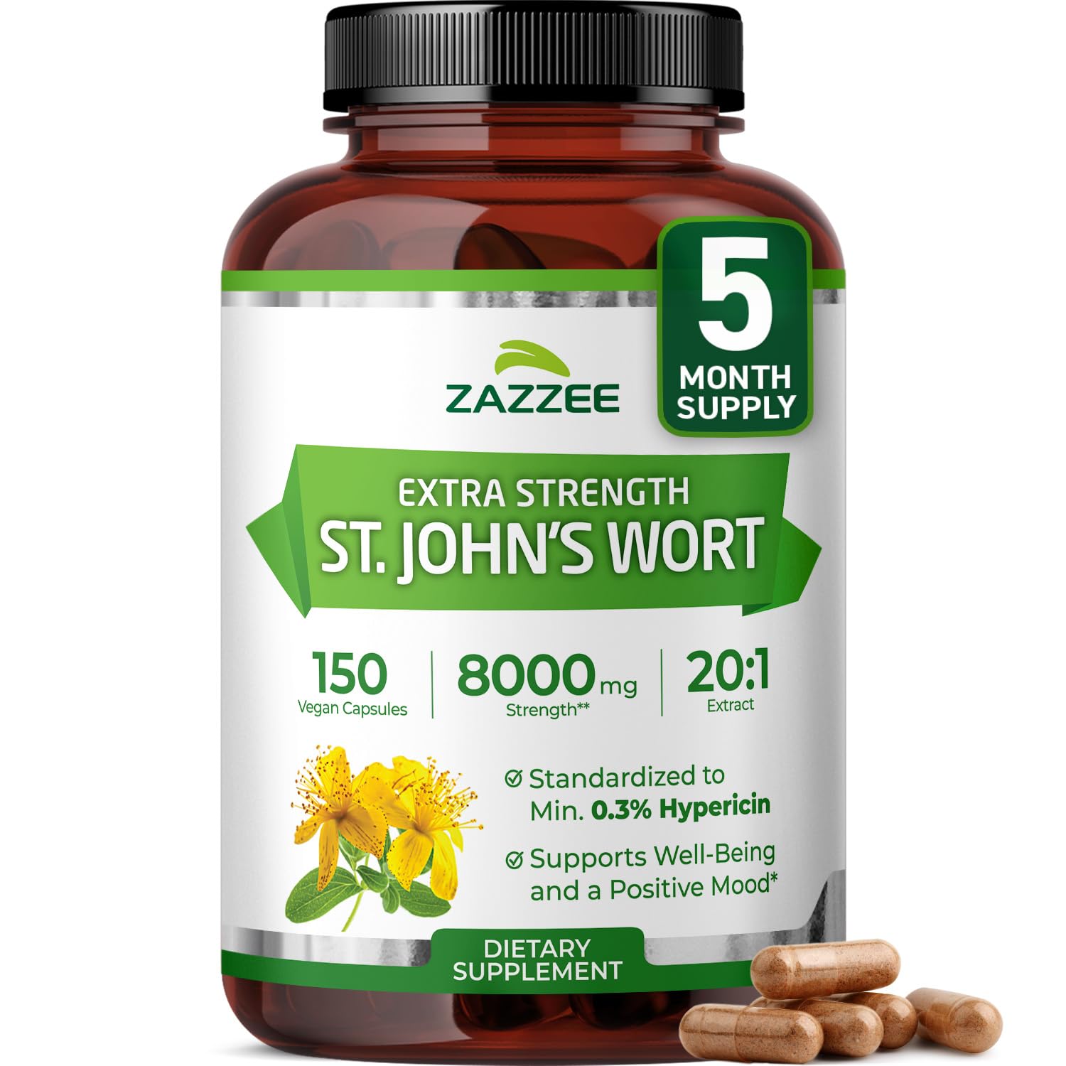 Front view of Zazzee Extra Strength St. John’s Wort 20:1 extract bottle with capsules