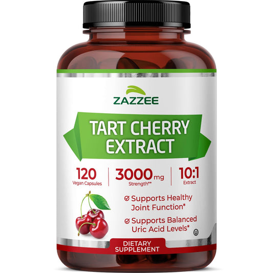 Front view of Zazzee Tart Cherry 10:1 Extract 3000 mg per capsule