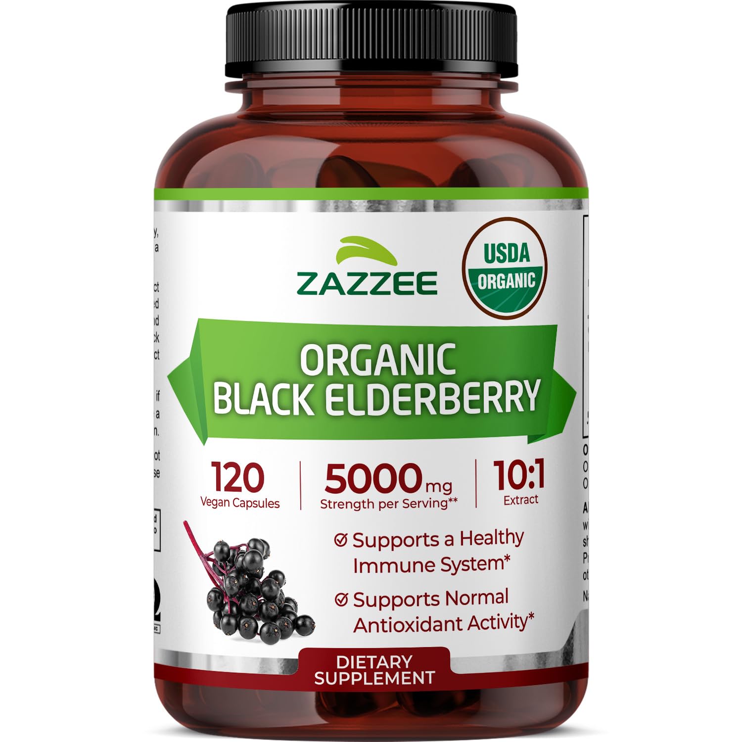 Bottle and label of Zazzee USDA Organic Black Elderberry 10:1 Extract
