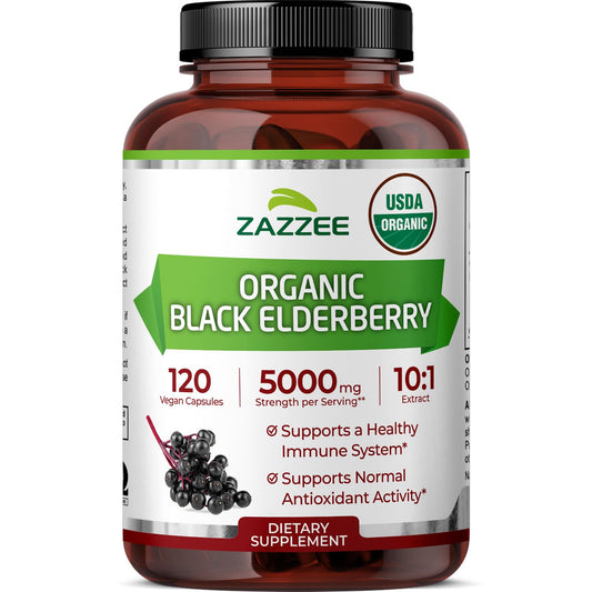 Bottle and label of Zazzee USDA Organic Black Elderberry 10:1 Extract