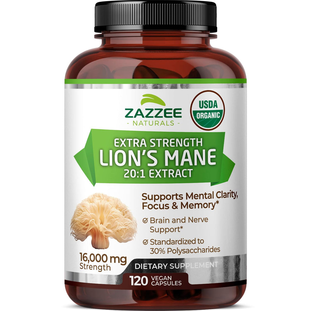 Bottle of Zazzee USDA Organic Lion's Mane 20:1 Extract with 16,000 mg per capsule - 120 vegan capsules