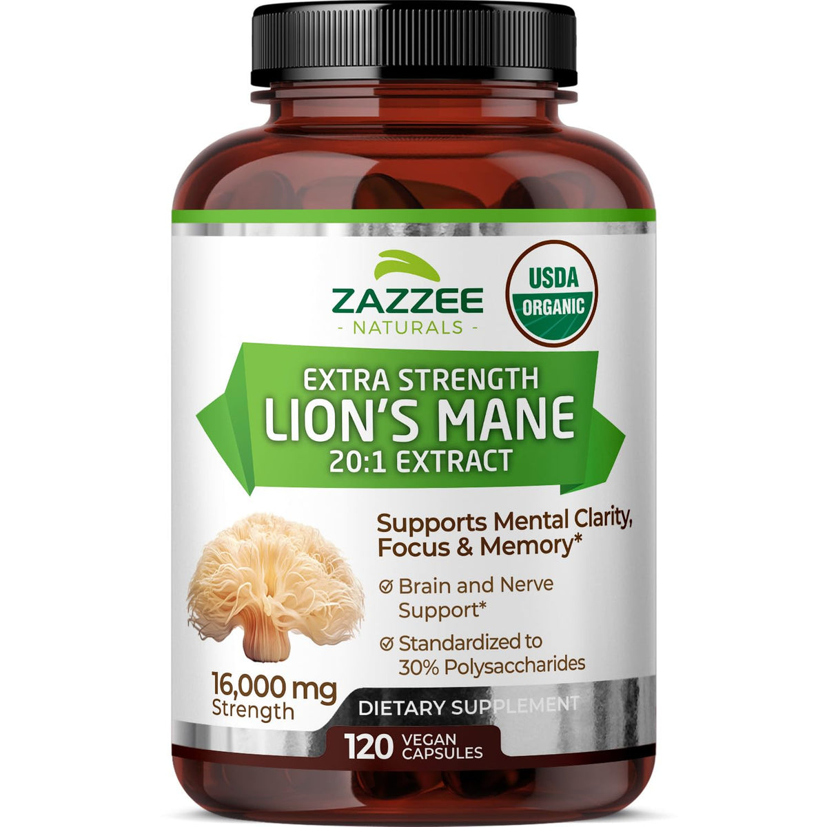 Bottle of Zazzee USDA Organic Lion's Mane 20:1 Extract with 16,000 mg per capsule - 120 vegan capsules
