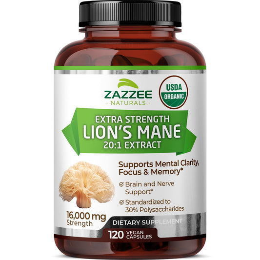 Bottle of Zazzee USDA Organic Lion's Mane 20:1 Extract with 16,000 mg per capsule - 120 vegan capsules