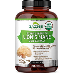 Bottle of Zazzee USDA Organic Lion's Mane 20:1 Extract with 16,000 mg per capsule - 120 vegan capsules