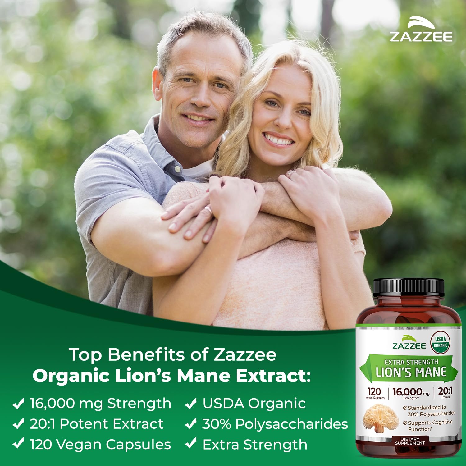 Vegan capsules containing organic Lion's Mane extract by Zazzee Naturals