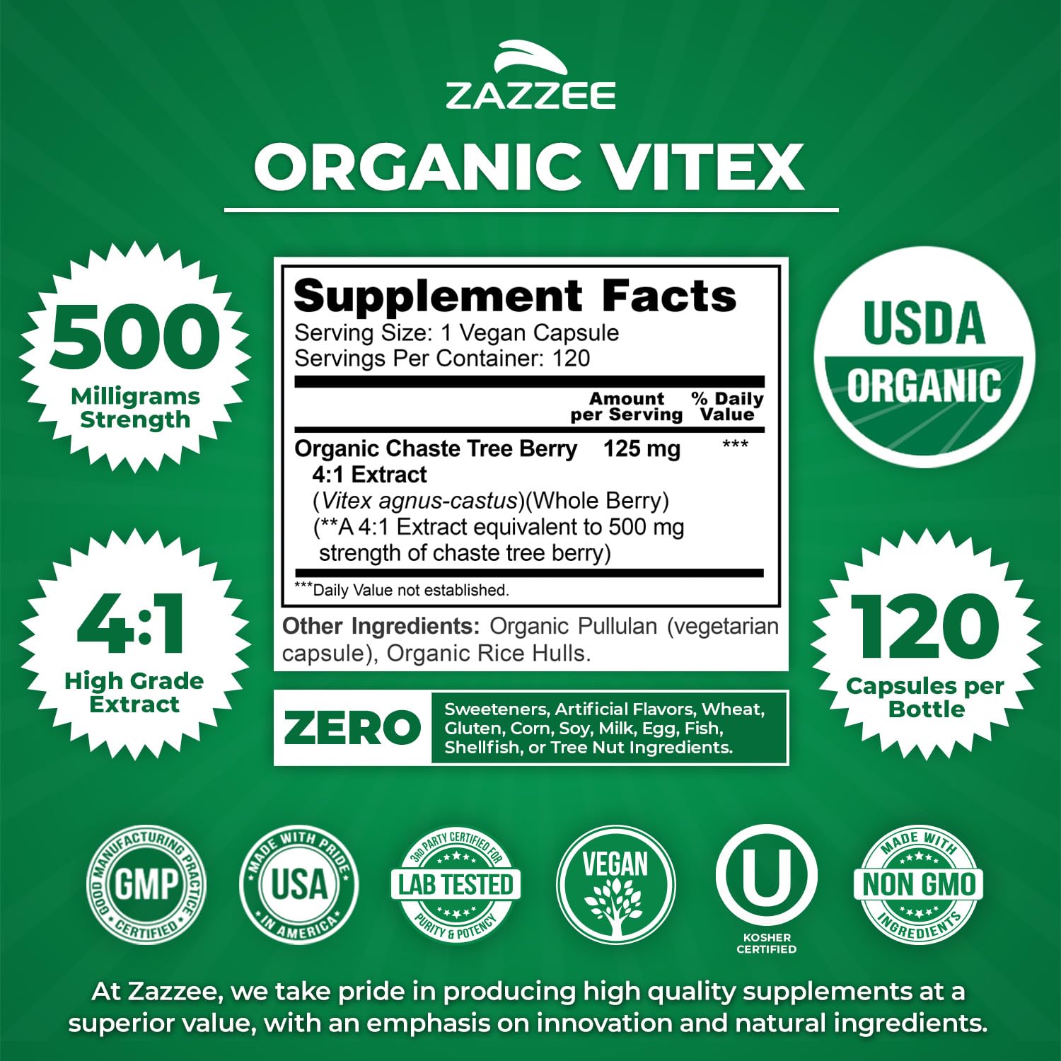 Zazzee Vitex organic certification label confirms USDA Organic quality