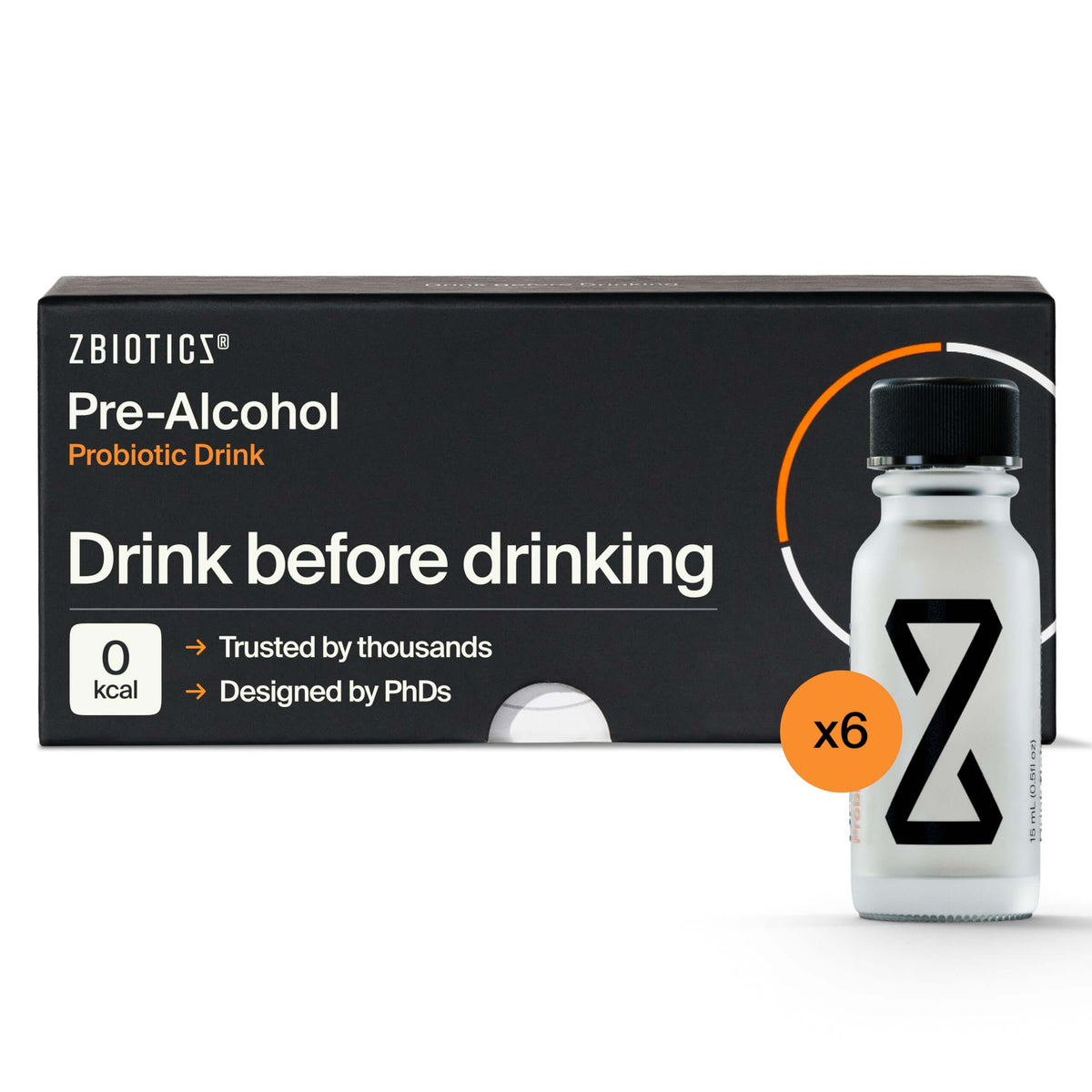 Front view of ZBiotics 6-pack (six 0.5 fl oz bottles)