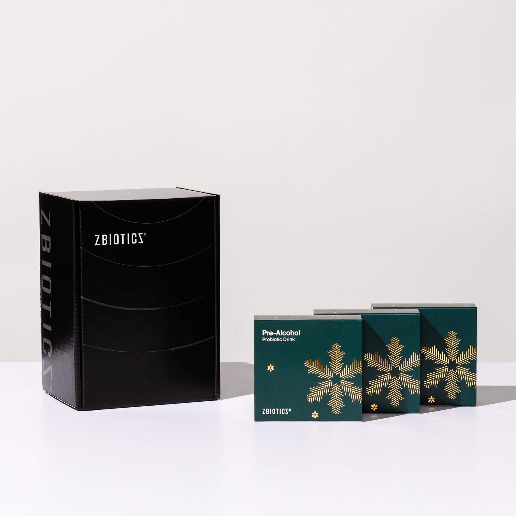 Front view of ZBiotics bottle with holiday decor