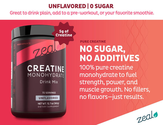 Close-up of Zeal Creatine Monohydrate powder (unflavored)