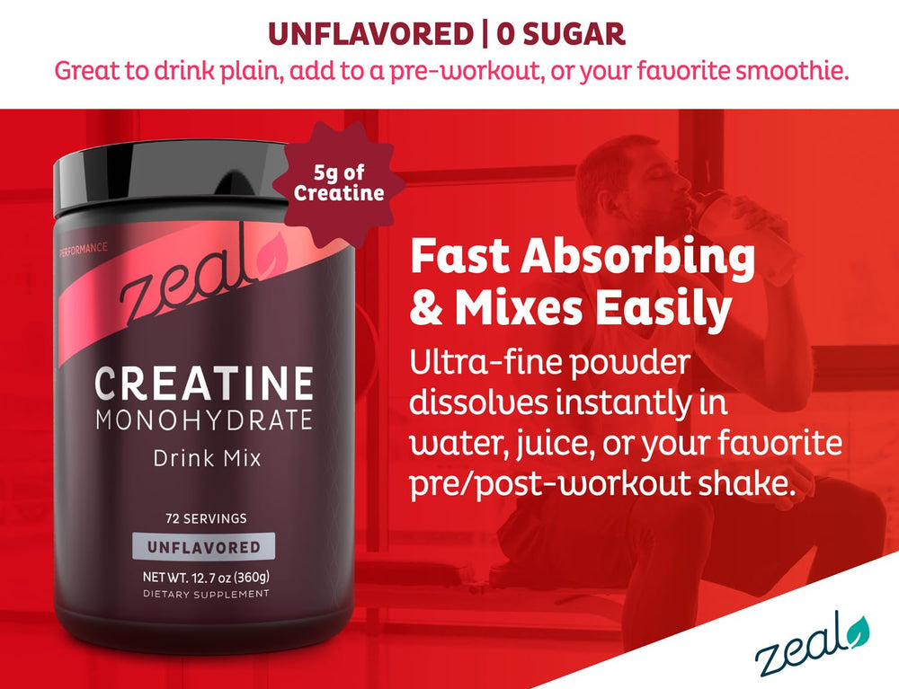 Nutrition facts panel on Zeal Creatine product
