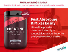 Nutrition facts panel on Zeal Creatine product