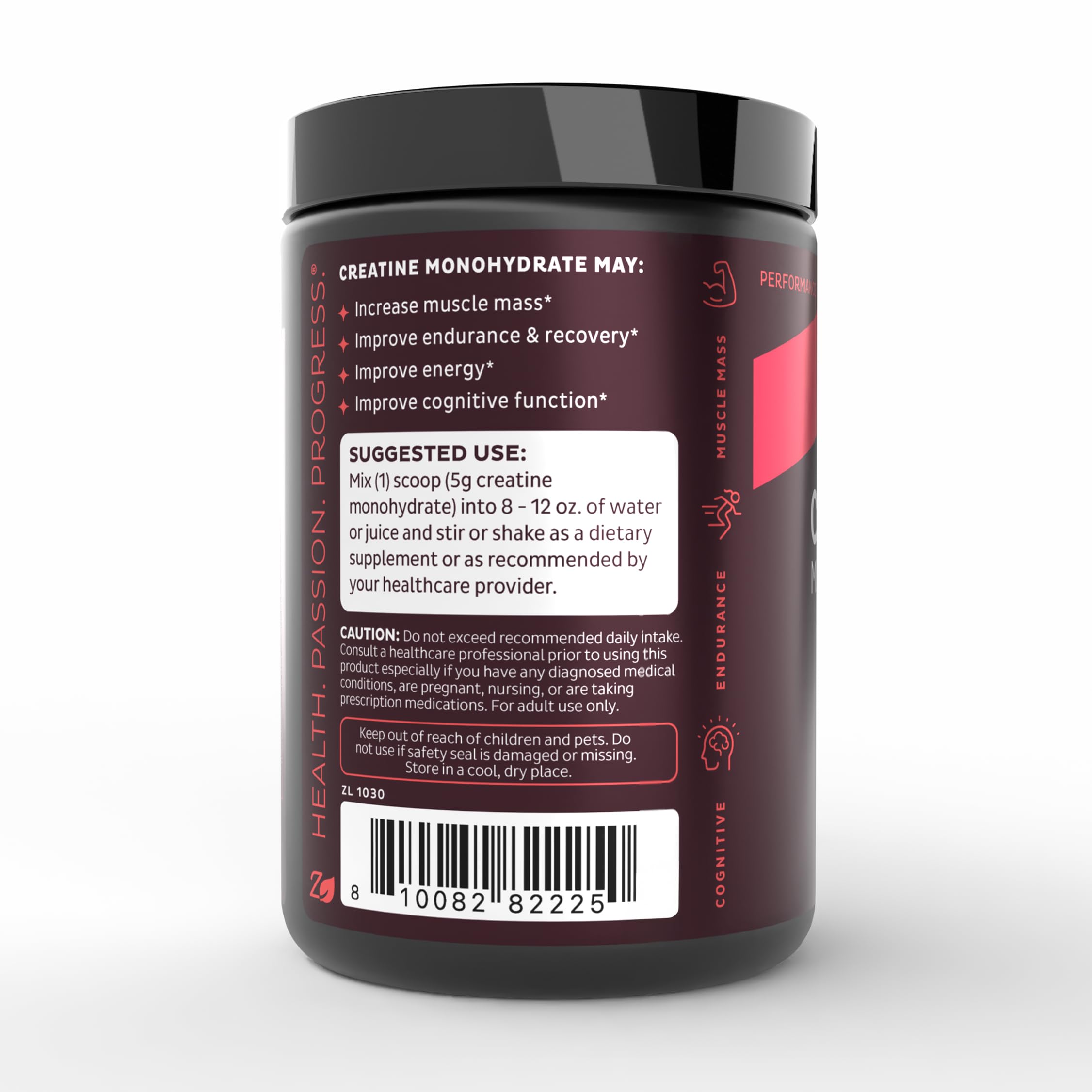 Zeal Creatine Monohydrate packaging and 72-serving label