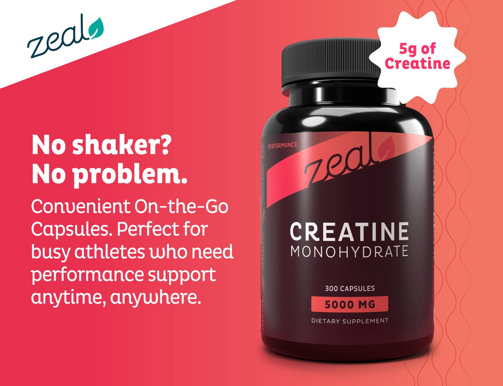 Angled side view of Zeal Creatine Monohydrate bottle