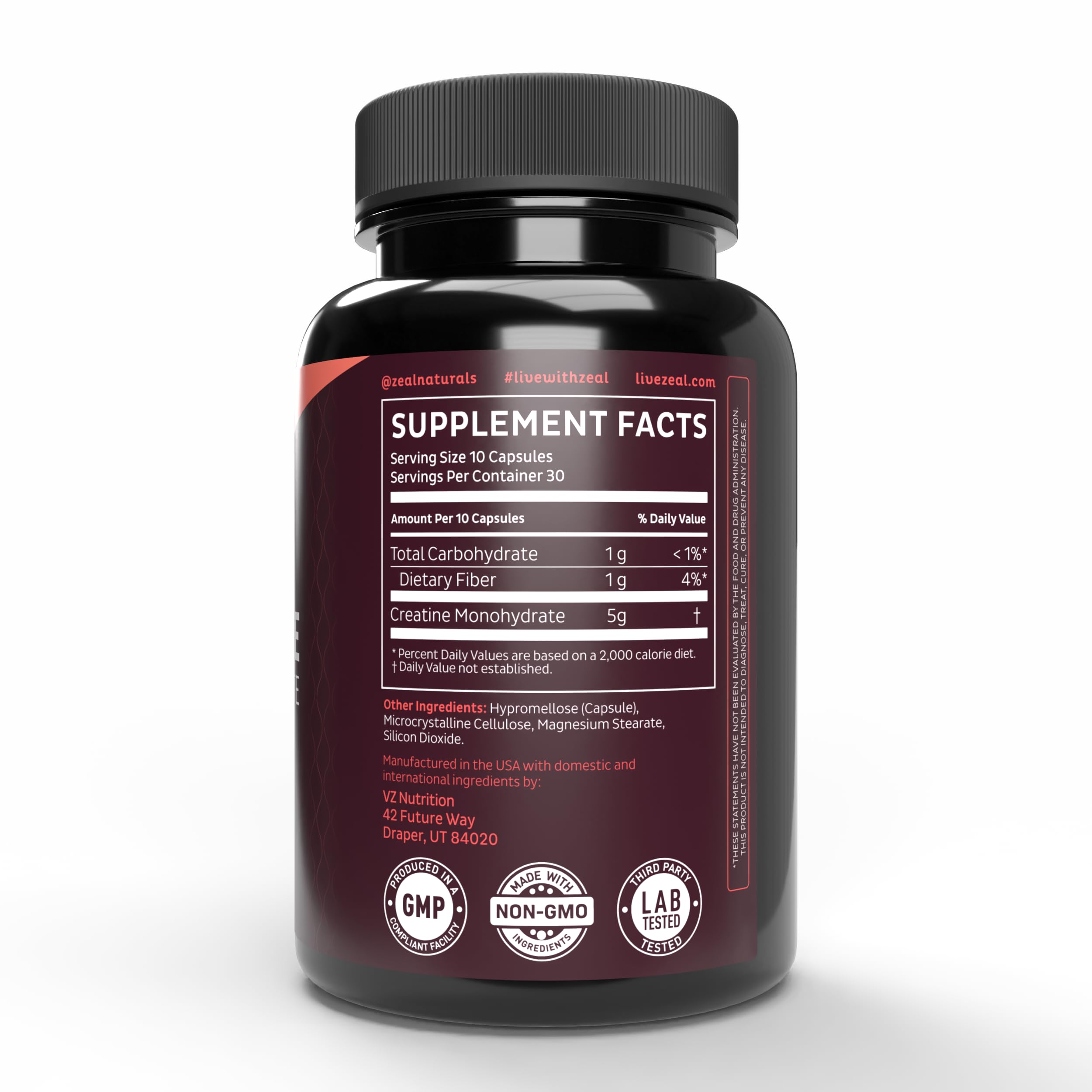 Serving size and ingredients information on Zeal label