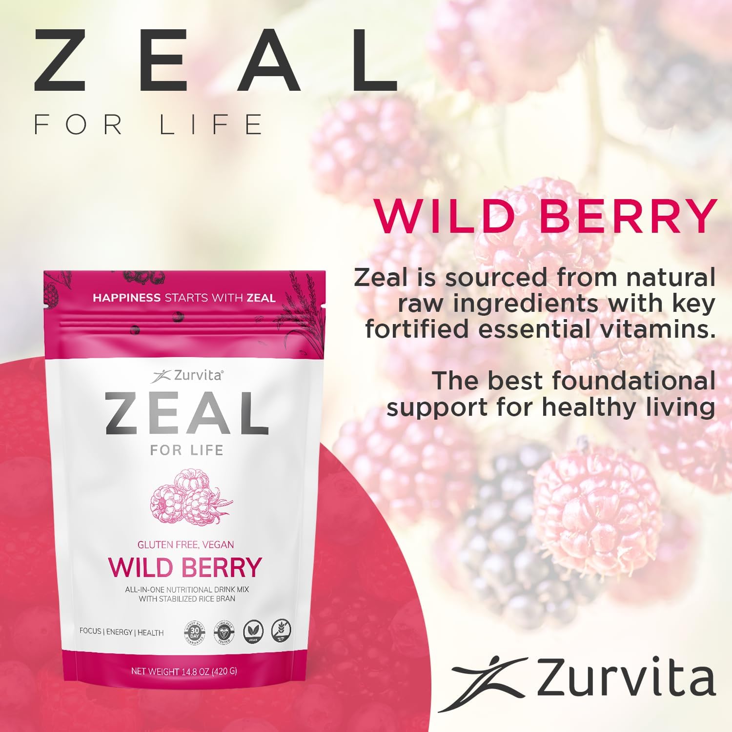 Prepared Zeal for Life Wild Berry drink served in glass