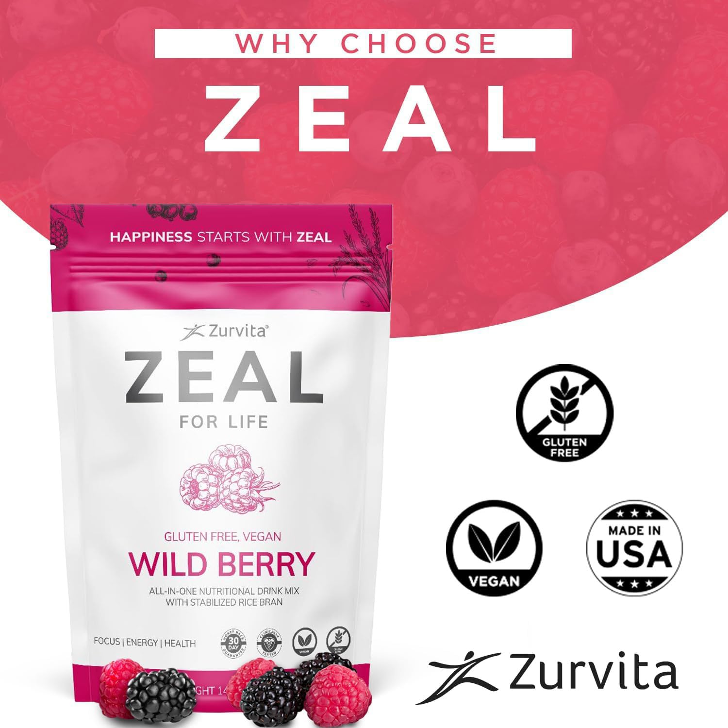 Nutrition facts and ingredients panel on Zeal for Life Wild Berry packaging