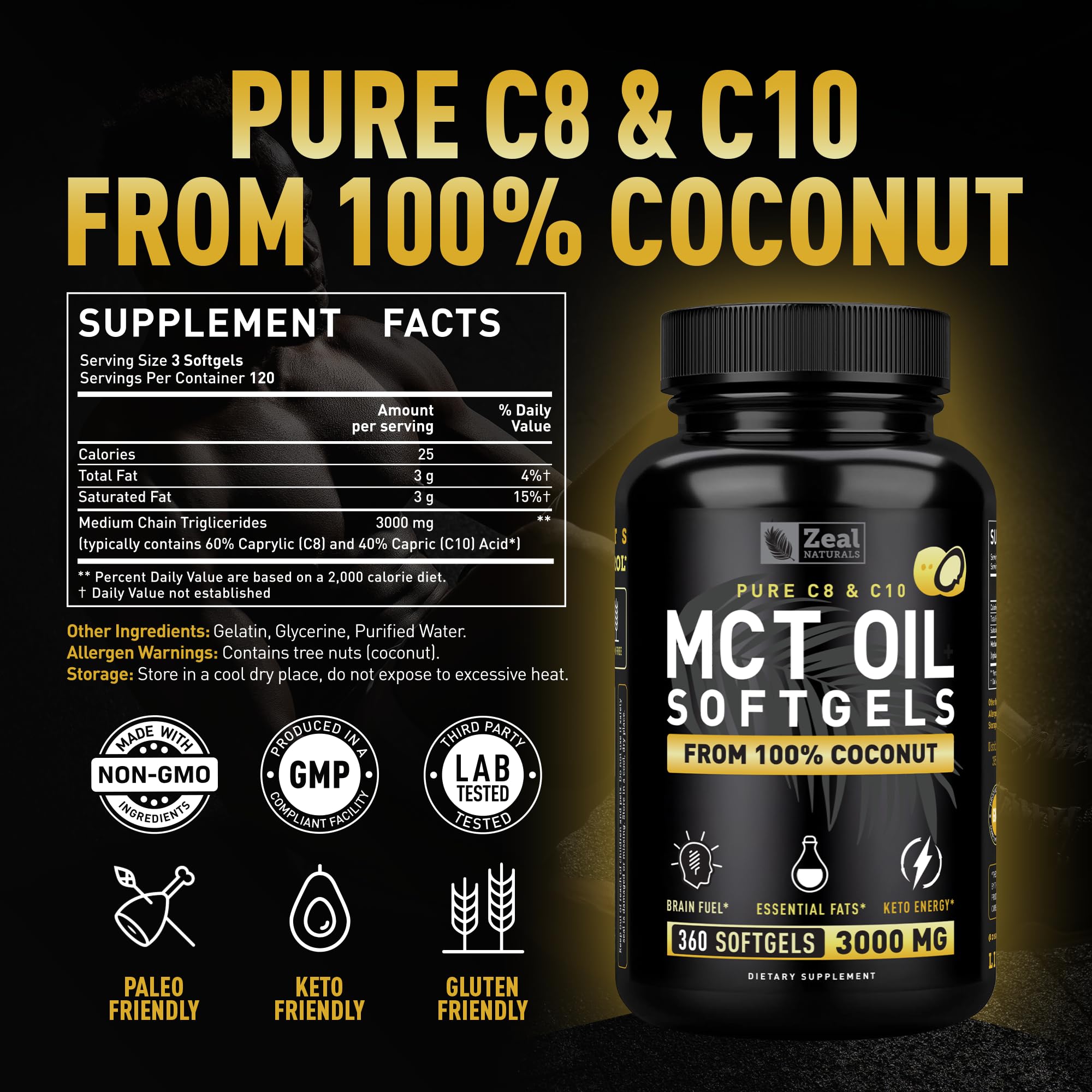 Close-up of Zeal Naturals MCT capsules showing caprylic C8 and capric C10.