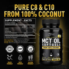 Close-up of Zeal Naturals MCT capsules showing caprylic C8 and capric C10.