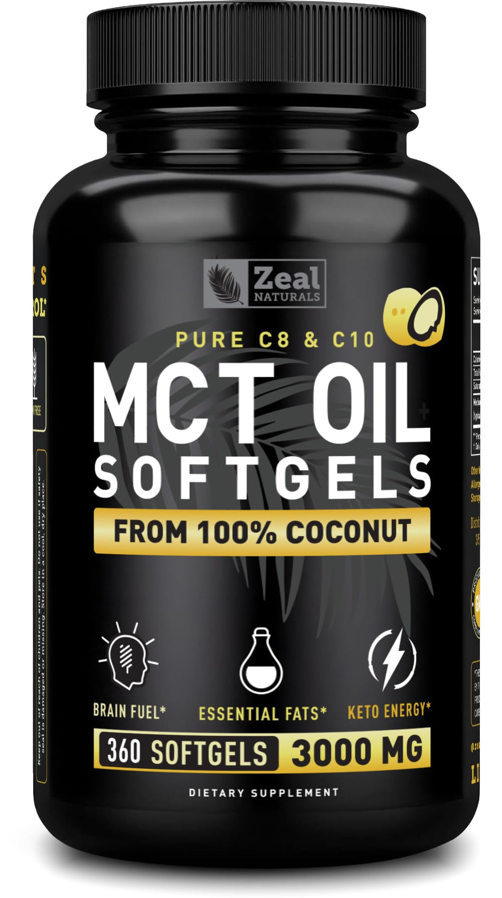 Zeal Naturals MCT capsules bottle front for on-the-go energy.