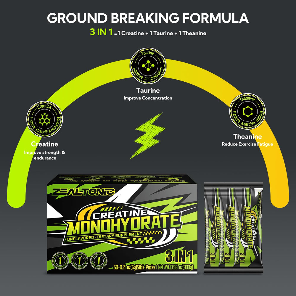 Assorted Zealtonic Creatine Stick Packs in a gym bag