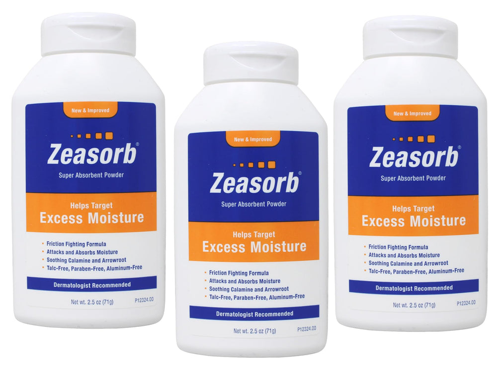 Zeasorb 3-pack bottles—2.5 oz each—demonstrating on-the-go moisture control.