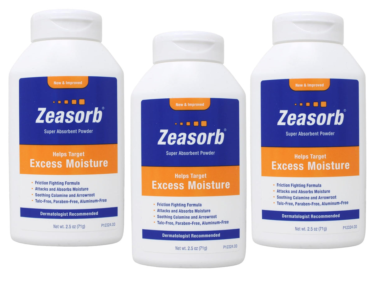Zeasorb 3-pack bottles—2.5 oz each—demonstrating on-the-go moisture control.