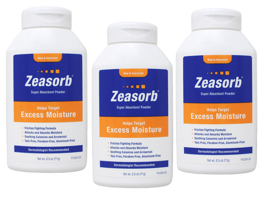 Zeasorb 3-pack bottles—2.5 oz each—demonstrating on-the-go moisture control.