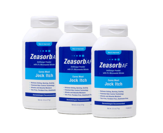 Zeasorb bottle with twist-cap enables controlled application for dry, comfortable skin.