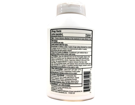 Zeasorb medicated body powder bottle back, highlighting talc-free formula and odor management.
