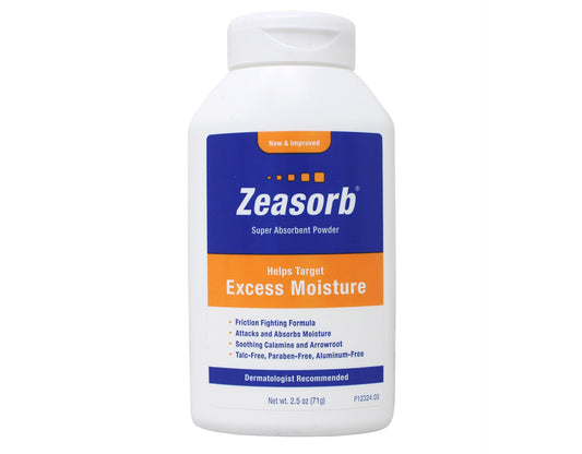 Zeasorb powder texture closeup showing fine absorbing particles for quick moisture relief.
