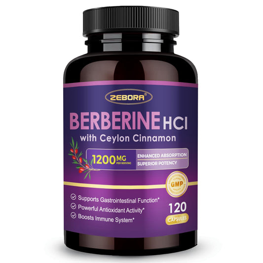 Front view of ZEBORA Berberine HCl 1200 mg capsules bottle