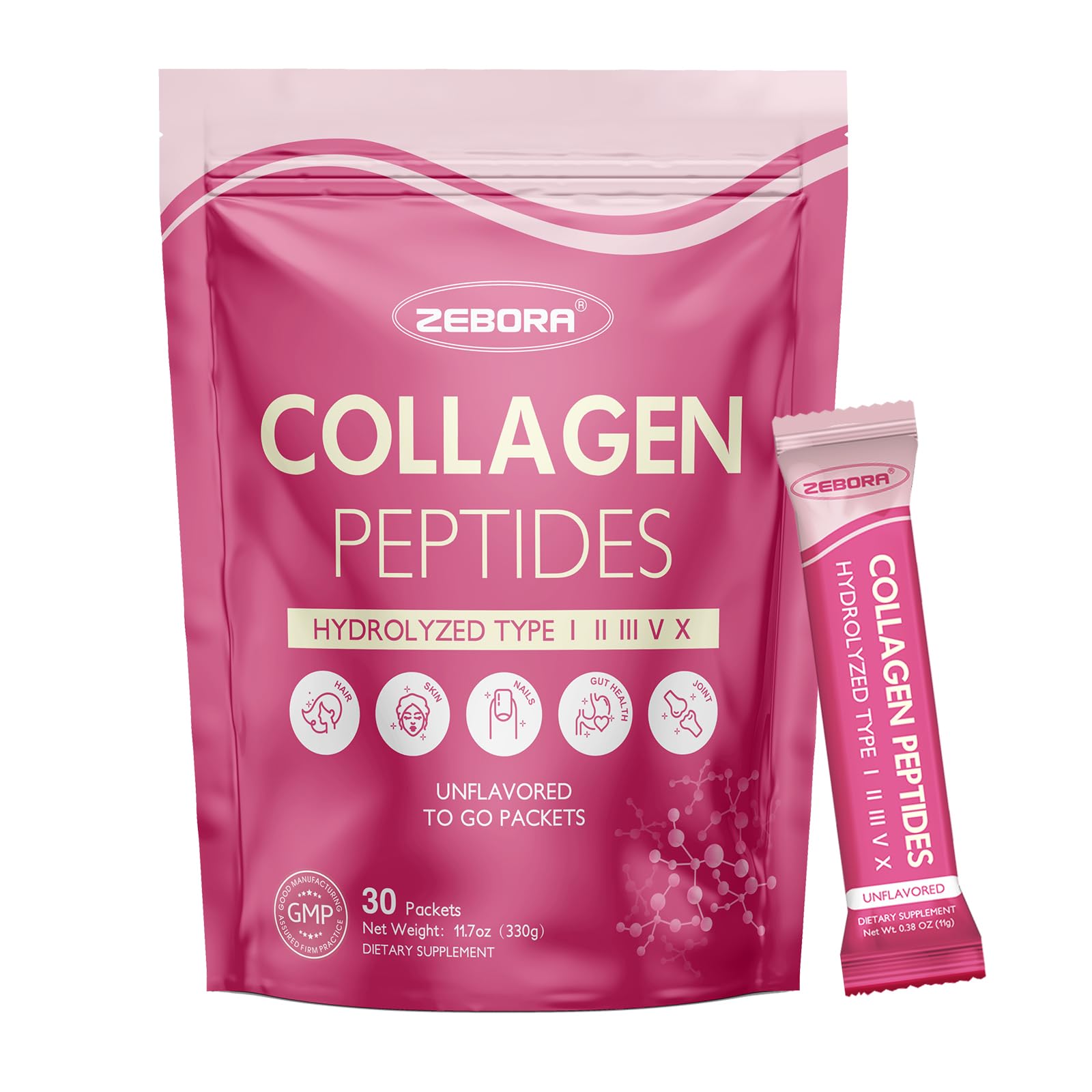 Front view of ZEBORA Collagen Packets packaging with 30 stick packets