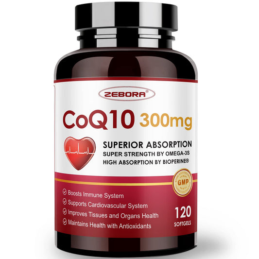 ZEBORA CoQ10 300mg softgels bottle with PQQ and Omega-3