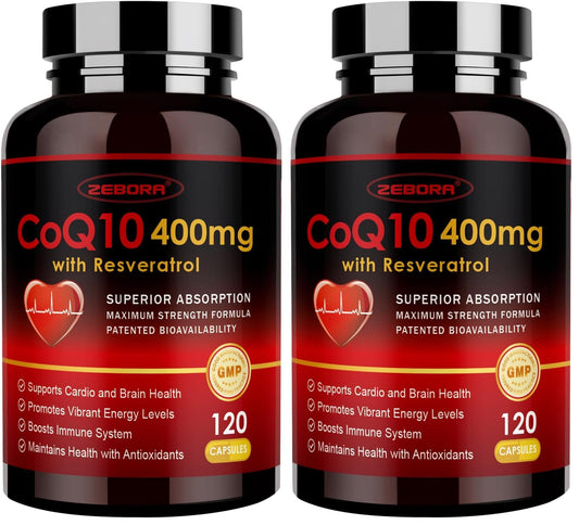 ZEBORA CoQ10 400mg bottle with Trans-Resveratrol, PQQ and Vitamin E