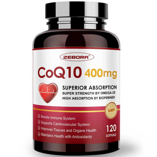 Bottle of ZEBORA CoQ10-400mg softgels with PQQ, BioPerine and Omega-3 on label