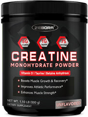 Front view of ZEBORA Micronized Creatine Monohydrate powder bottle
