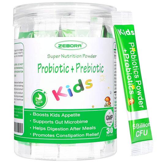 ZEBORA Kids Probiotic & Prebiotic Powder packaging with 30 packets