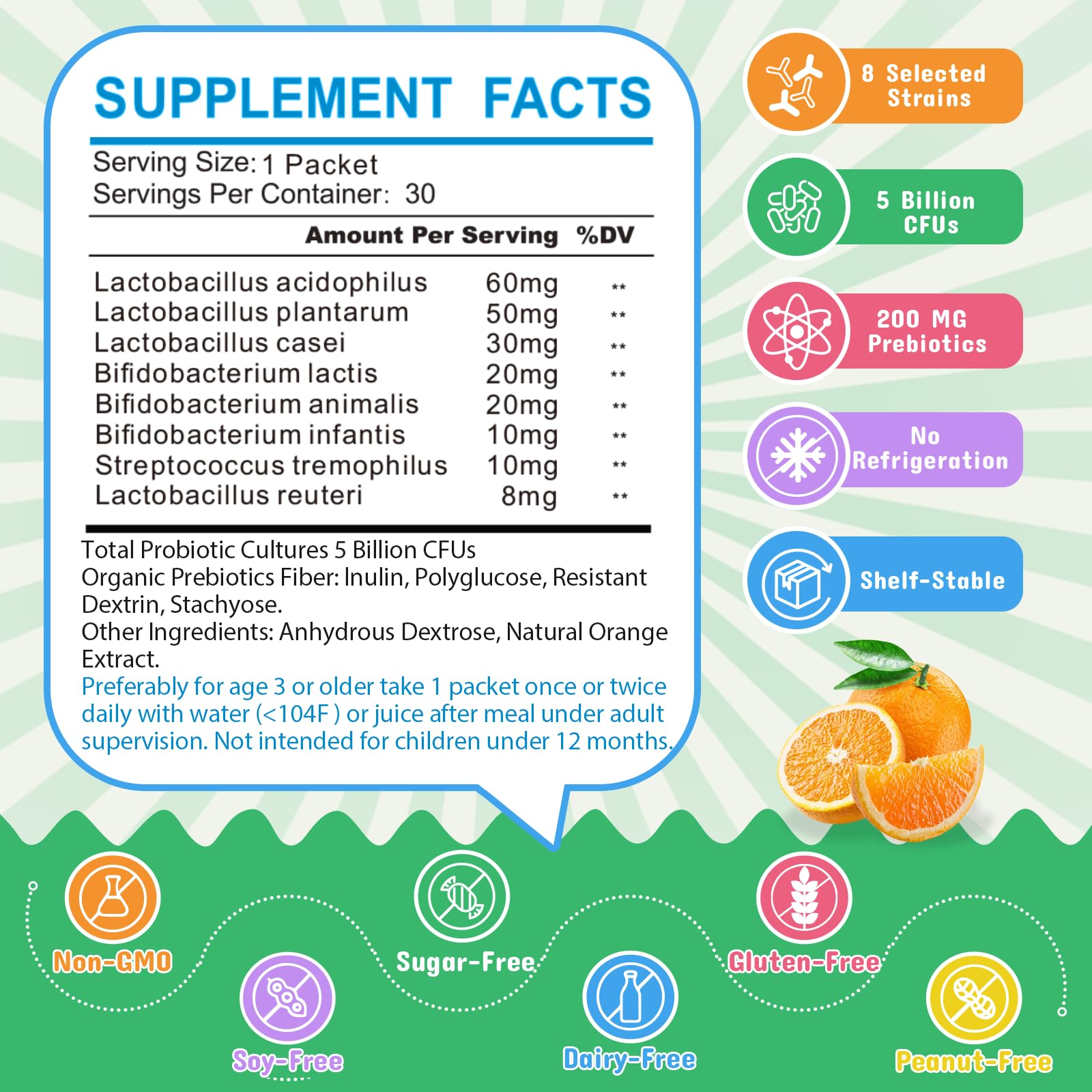 Single-serve probiotic powder packet for kids