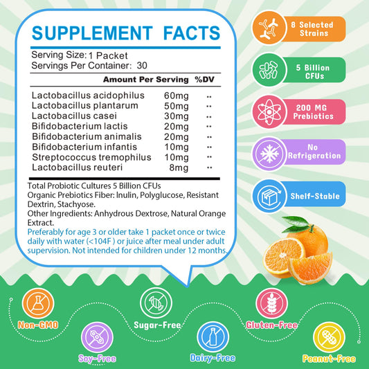 Single-serve probiotic powder packet for kids