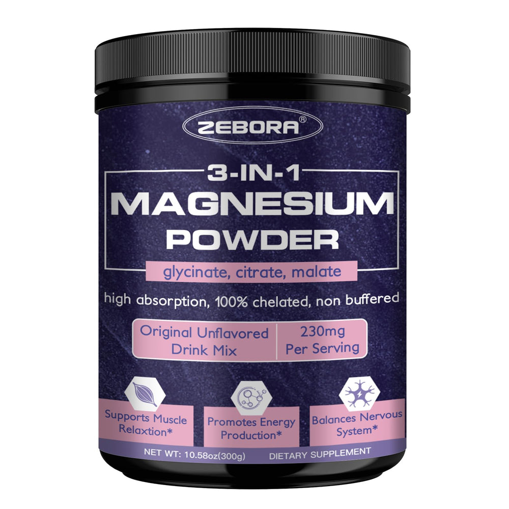 ZEBORA Magnesium Powder bottle labeled 3-in-1 chelated magnesium complex