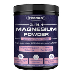 ZEBORA Magnesium Powder bottle labeled 3-in-1 chelated magnesium complex
