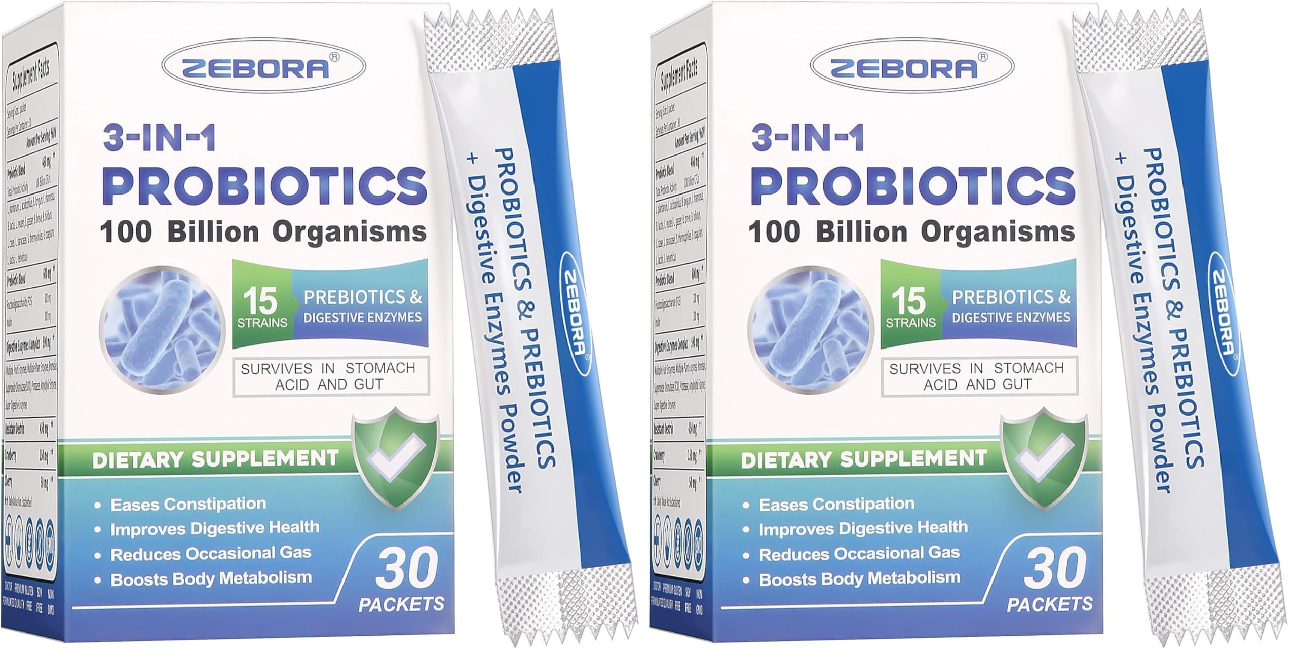 ZEBORA Probiotics bottle close-up highlighting 100B CFU digestion support.