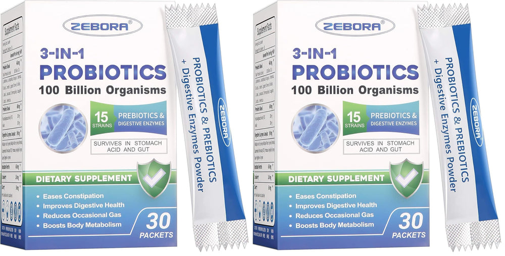ZEBORA Probiotics bottle close-up highlighting 100B CFU digestion support.