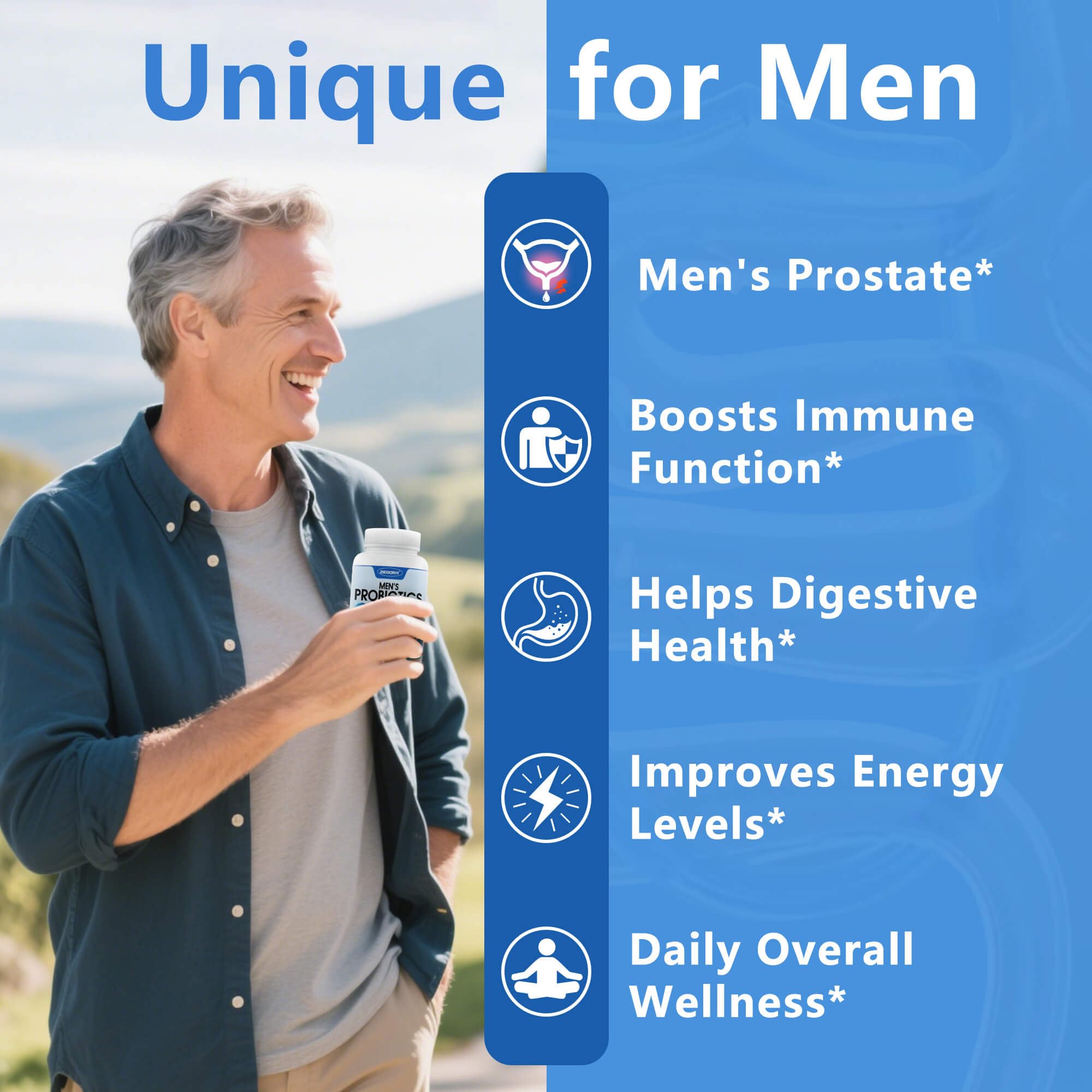 Close-up of ZEBORA Probiotics for Men bottle with 180 capsules