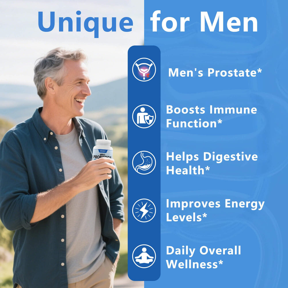 Close-up of ZEBORA Probiotics for Men bottle with 180 capsules
