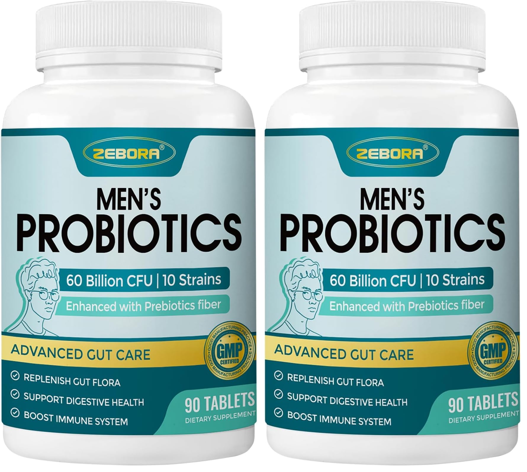 ZEBORA Probiotics for Men bottle displaying 60B CFU and 10 strains