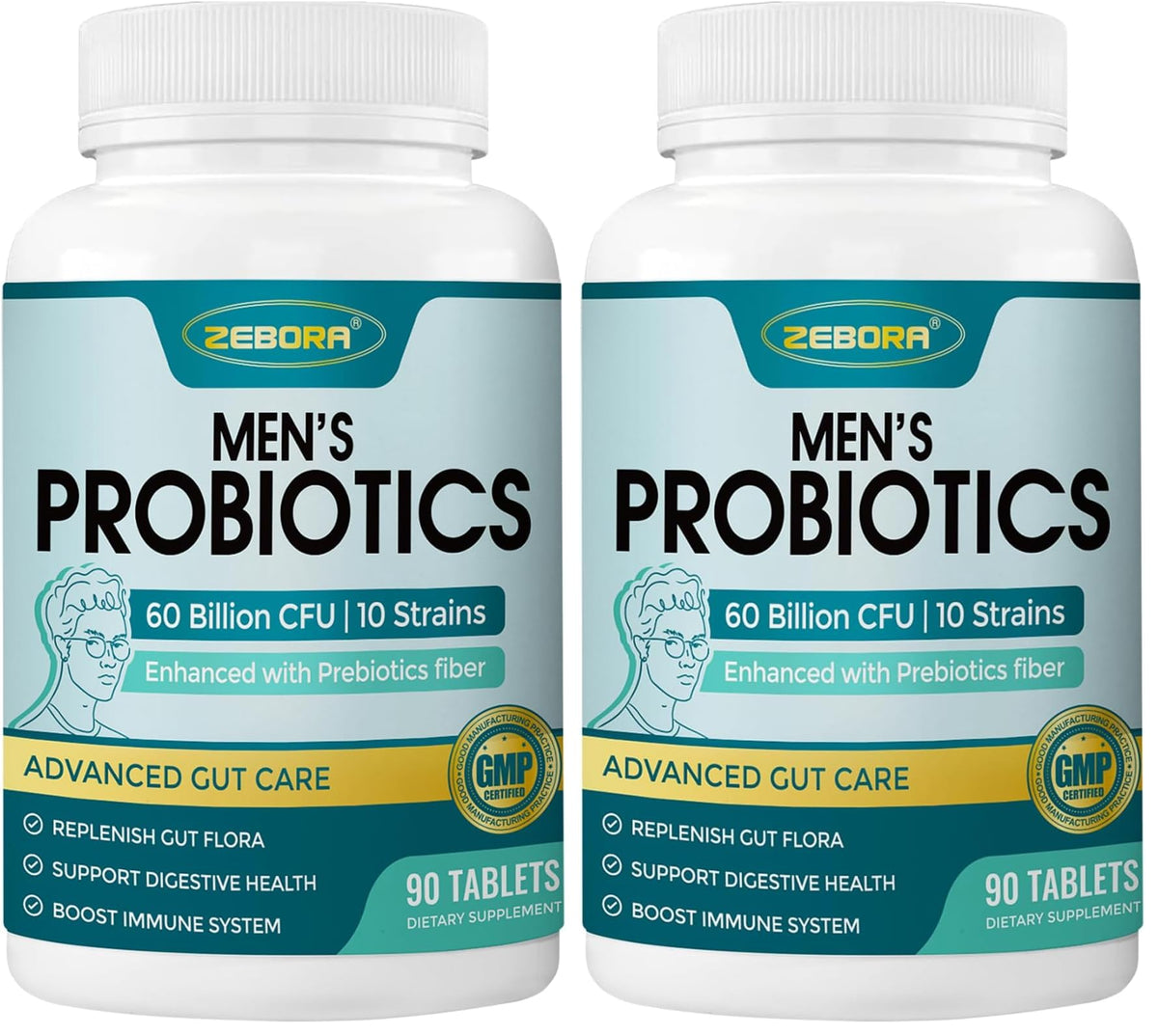 ZEBORA Probiotics for Men bottle displaying 60B CFU and 10 strains