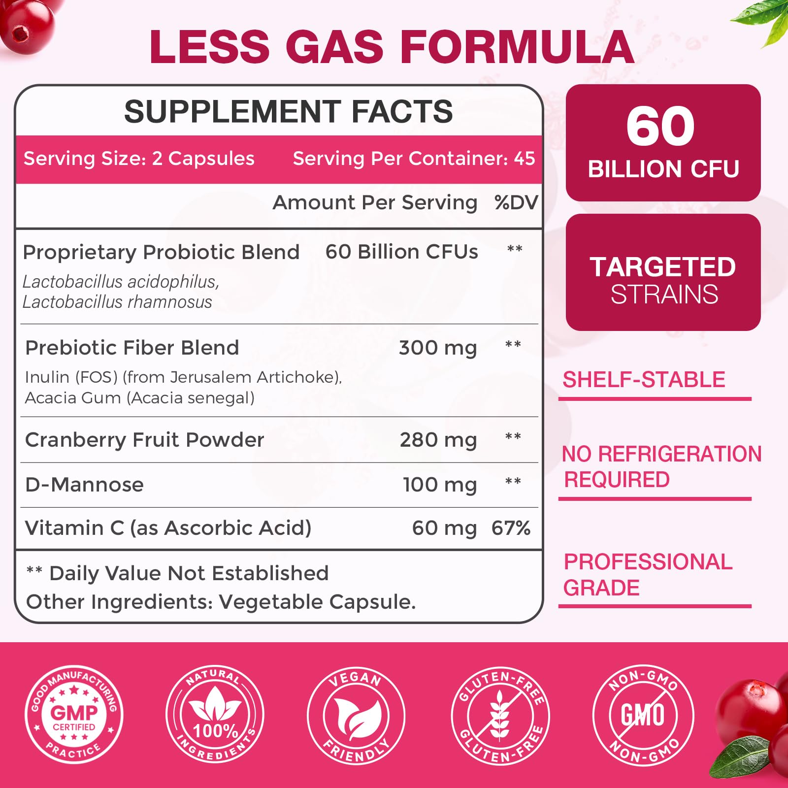Close-up of cranberry and probiotic capsules